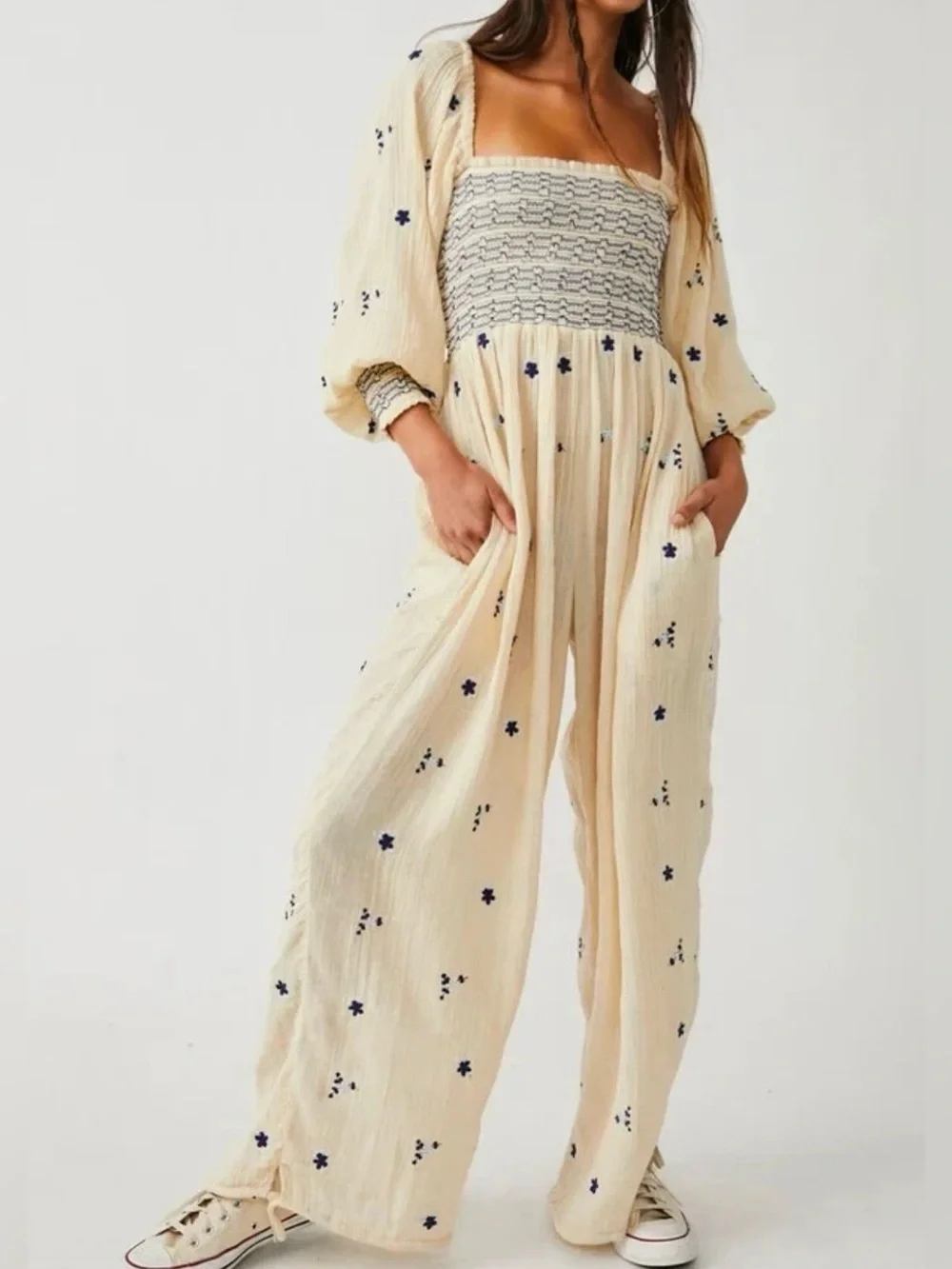 Free People Dahlia Smocked Wide Balloon Leg Jumpsuit Ecru Boho Embroidered  Sz L